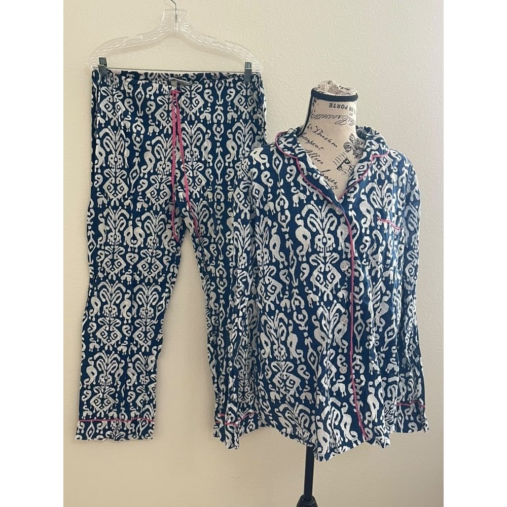 Malabar Bay Organic Cotton Pajama Set Navy Blue Ikat Print Large Long Sleeve
